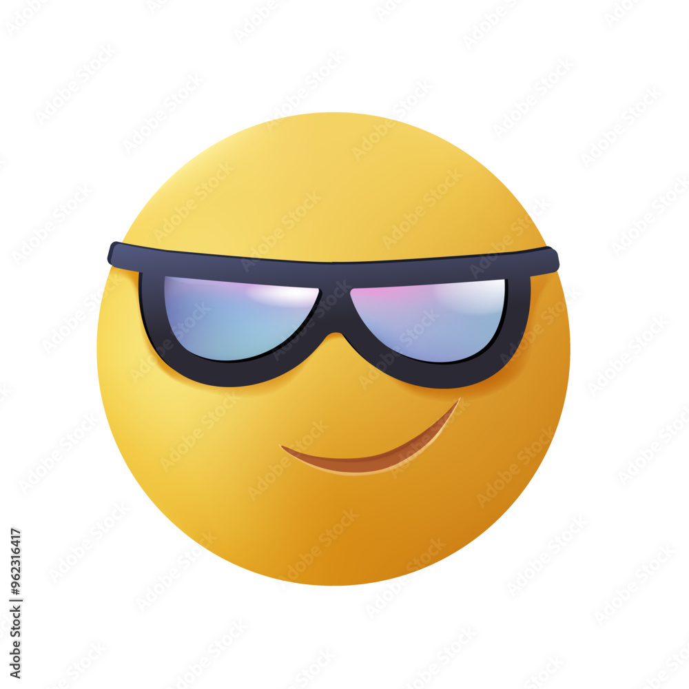 Cool Emoji Icon 3D style realistic vector. Smile of happy face in glasses. Cool, Great guy concept. Isolated on white Cool Emoji Icon 3D style realistic vector. Smile of happy face in glasses. Cool, Great guy concept. Isolated on white