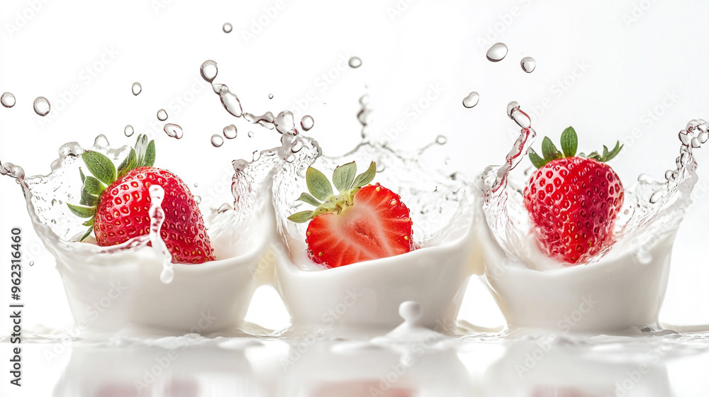 Fresh strawberries splashing in milk create a dynamic moment of flavor and fun in a bright setting Fresh strawberries splashing in milk create a dynamic moment of flavor and fun in a bright setting