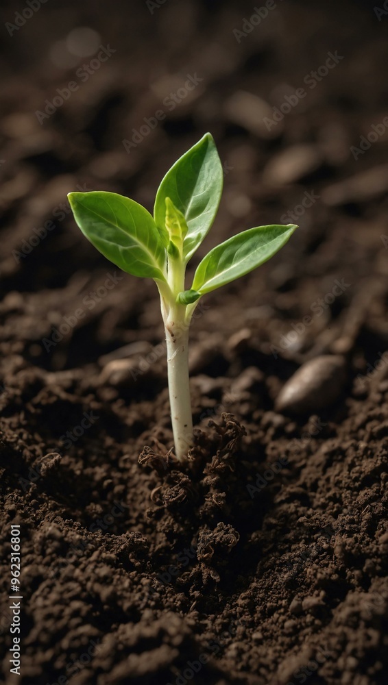 Close-up of a young green sprout in soil, with a blank white mock-up sign for pricing and labels, allowing space for text or design. Close-up of a young green sprout in soil, with a blank white mock-up sign for pricing and labels, allowing space for text or design.