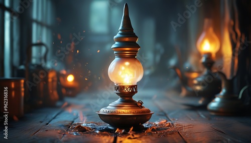 An ancient oil lamp exudes a warm light and the surrounding environment is blurred, making it mysterious and full of history. photo