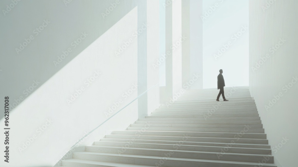 Man Walking Up Minimalist Staircase Man Walking Up Minimalist Staircase