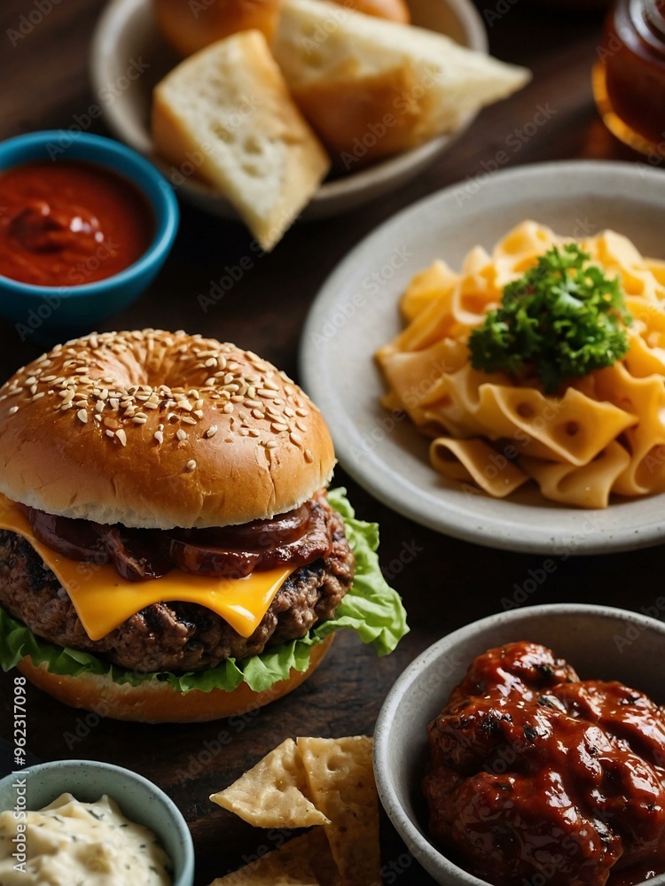 Close-up of an assortment of foods including a bun, meat, cheese, and sauce. Close-up of an assortment of foods including a bun, meat, cheese, and sauce.
