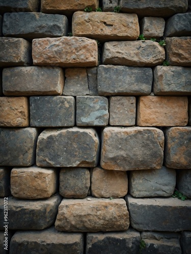 Close-up of an ancient stone wall with weathered square blocks, perfect for adding text or design.