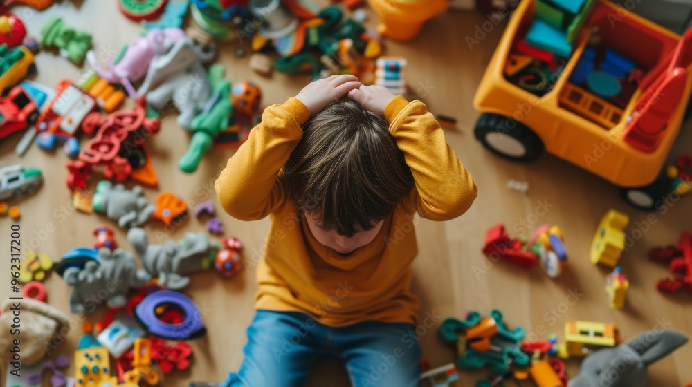 A young child sits on the floor of a cluttered playroom, holding their head in frustration. The room is scattered with colorful toys, creating a chaotic atmosphere, emphasizing the challenges of