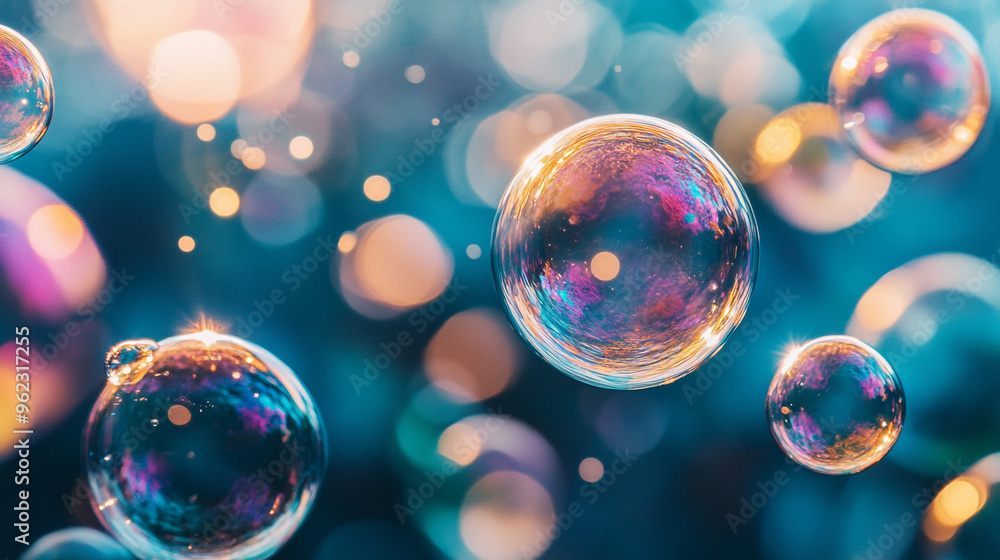 Colorful soap bubbles floating in the air, reflecting light and creating a magical atmosphere during a sunny afternoon Colorful soap bubbles floating in the air, reflecting light and creating a magical atmosphere during a sunny afternoon