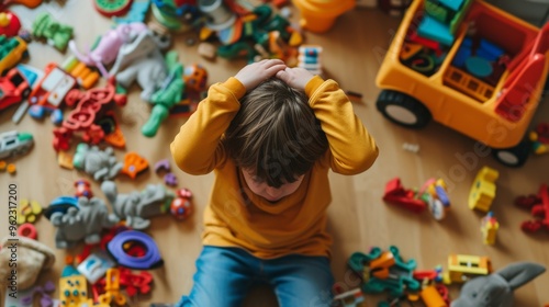 Obraz na płótnie A young child sits on the floor of a cluttered playroom, holding their head in frustration. The room is scattered with colorful toys, creating a chaotic atmosphere, emphasizing the challenges of w salonie