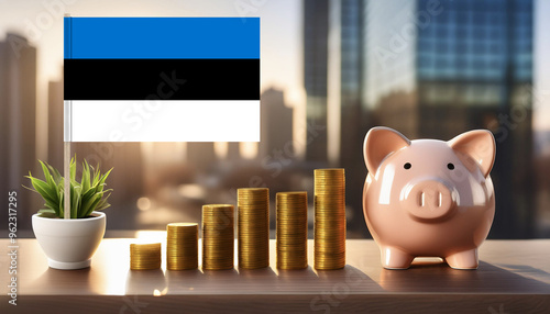 flag of Estonia and piggy bank with columns of coins,against blurry city buildings.Business,earnings,make money,finance and economy concept. photo