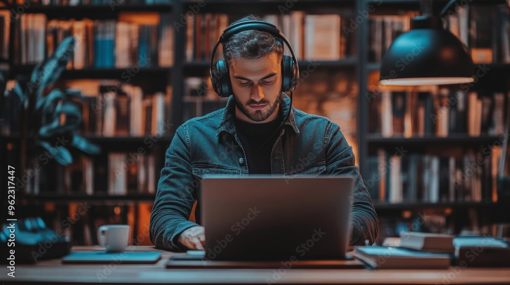 Focused support agent working on laptop in cozy library setting, wearing headphones. Focused support agent working on laptop in cozy library setting, wearing headphones.