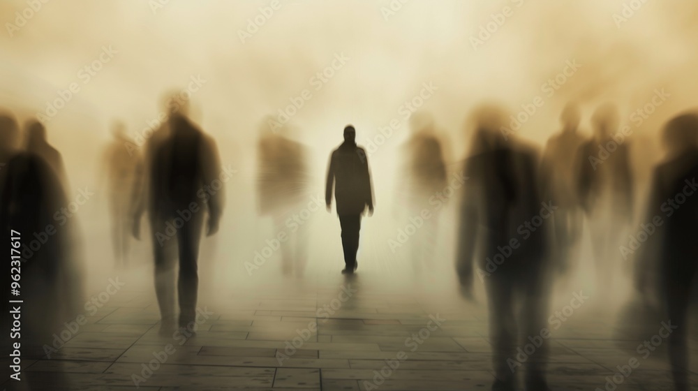 A solitary figure stands out amidst a crowd of blurred people in a misty, ethereal environment. This image conveys themes of isolation, loneliness, and social alienation, making it ideal for