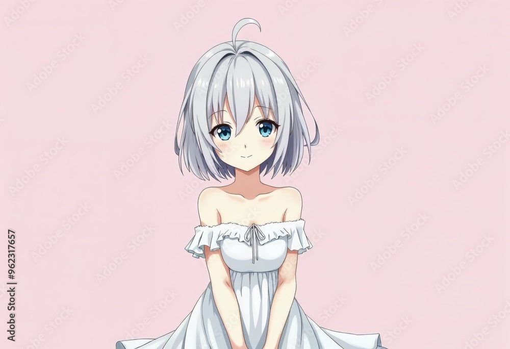 Charming Anime Character in a White Dress with Blue Eyes Against a Pink Background Charming Anime Character in a White Dress with Blue Eyes Against a Pink Background