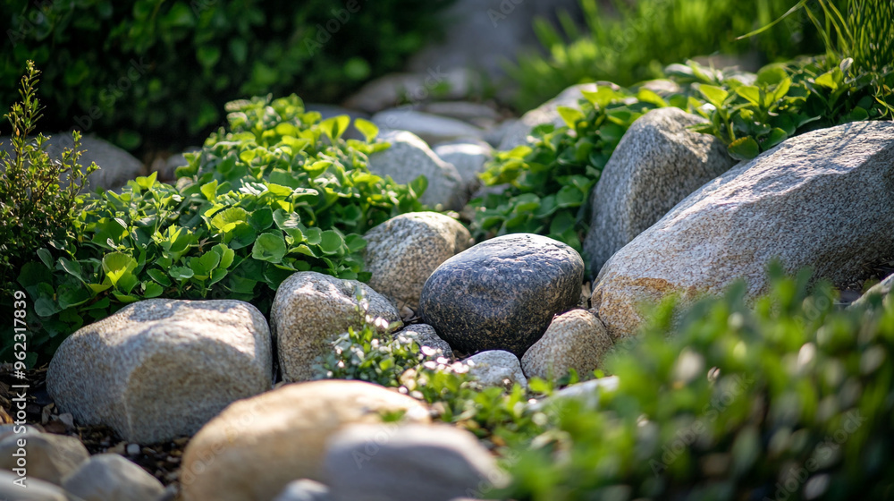 Natural garden path with smooth stones and lush green plants in sunlight during early morning hours Natural garden path with smooth stones and lush green plants in sunlight during early morning hours