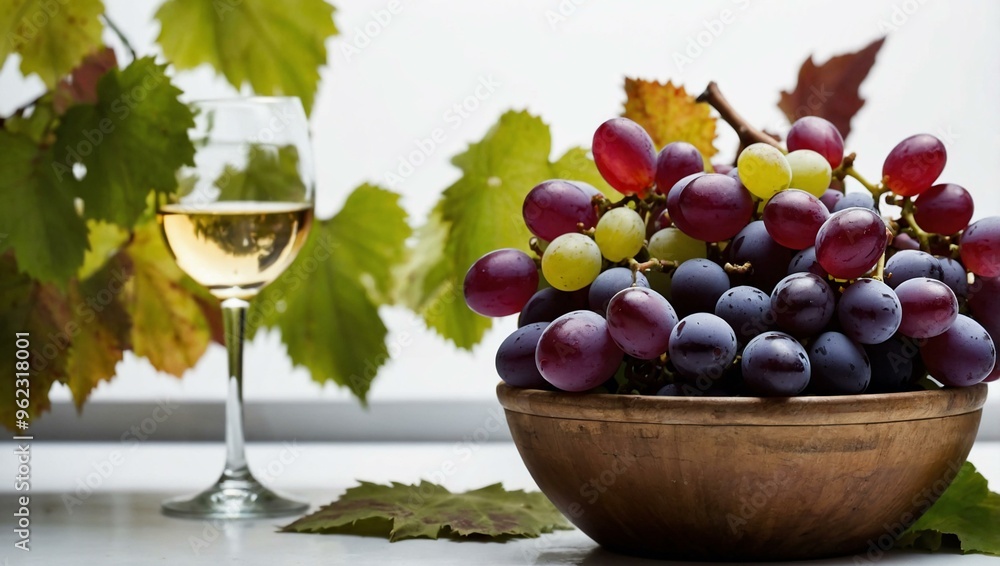 Cluster of red, purple, and white grapes alongside wine bottles, set against a white background. Space for additional text. Cluster of red, purple, and white grapes alongside wine bottles, set against a white background. Space for additional text.