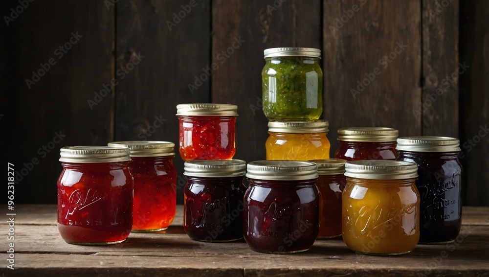 Collection of various jams in glass jars on a rustic wooden surface, with space for text. Collection of various jams in glass jars on a rustic wooden surface, with space for text.