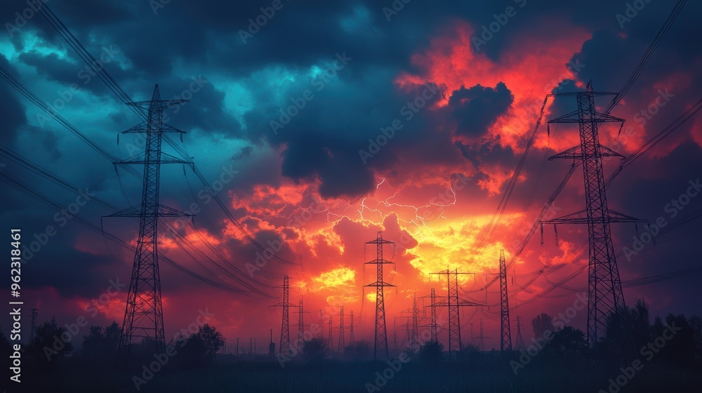 Naklejka premium several electric power poles aligned under a stormy sky, creating an abstract industrial background concept banner