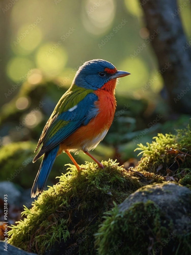 Colorful bird perched on mossy rocks in a sunlit morning forest. Colorful bird perched on mossy rocks in a sunlit morning forest.