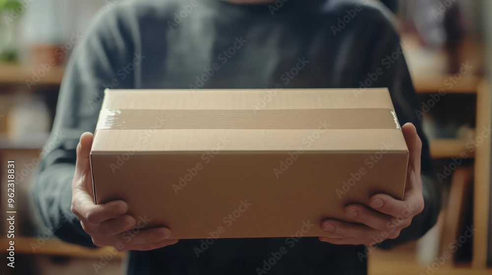 A person holding cardboard box, ready to address delivery or complaint. scene conveys anticipation and readiness. A person holding cardboard box, ready to address delivery or complaint. scene conveys anticipation and readiness.