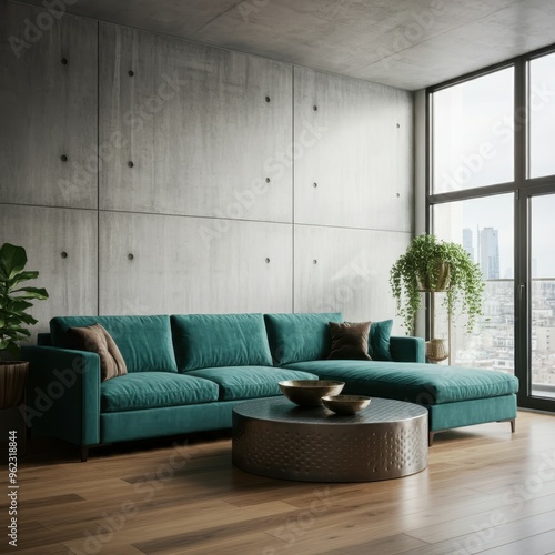 Living room interior in loft, industrial style, 3d render