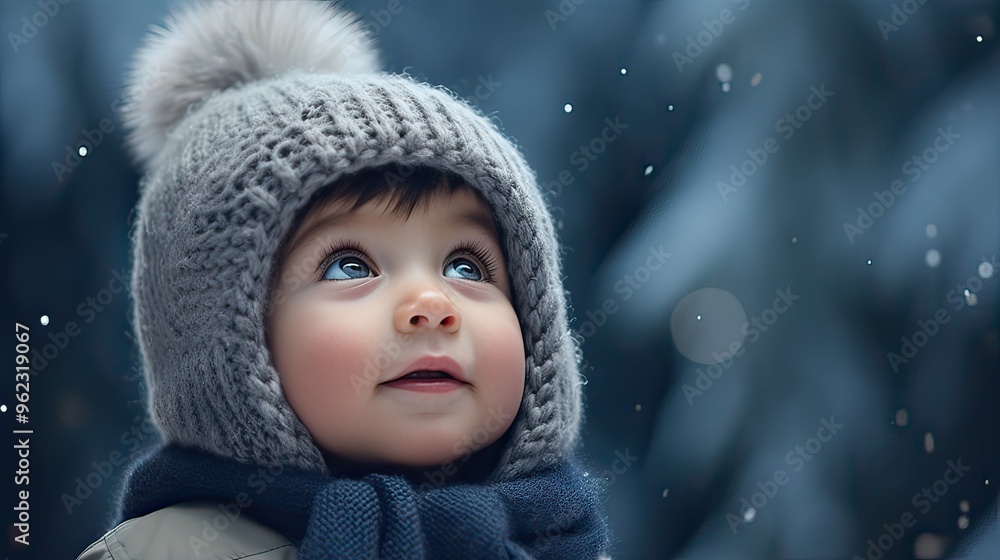 Baby holding a gray beanie and looking out of the corner Baby holding a gray beanie and looking out of the corner