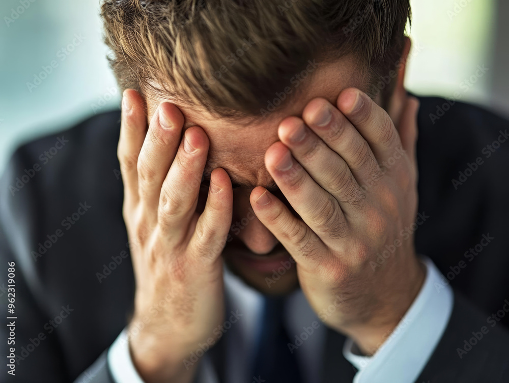 A man in suit is expressing distress by covering his face with his hands, conveying sense of frustration or anxiety. A man in suit is expressing distress by covering his face with his hands, conveying sense of frustration or anxiety.