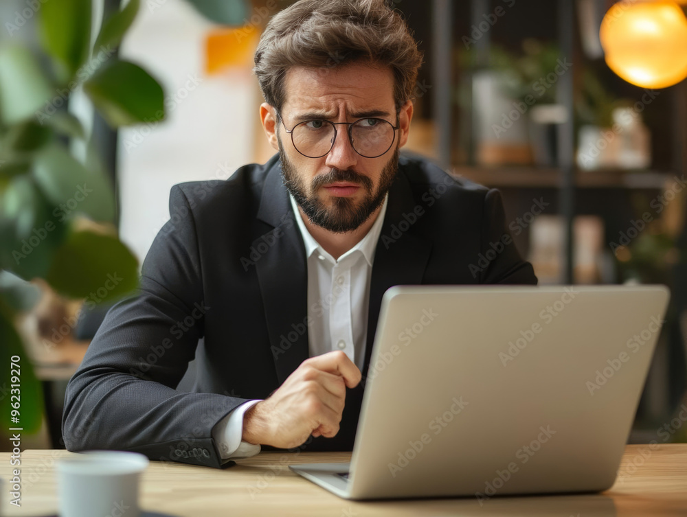 Focused man in suit looking at laptop with concerned expression Focused man in suit looking at laptop with concerned expression