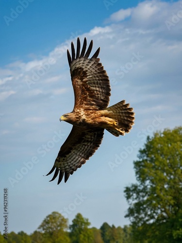 Common buzzard soaring over the green woods of Noord Brabant, Netherlands. photo