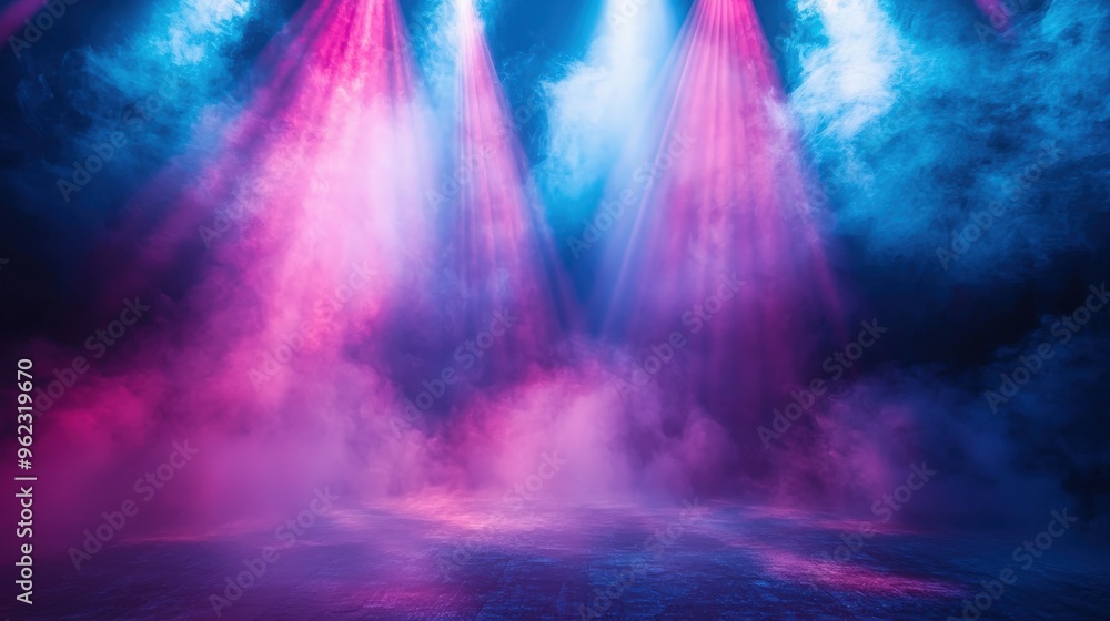 Fototapeta premium Vivid beams of light cutting through mist on a concert stage, neon blue and pink, dynamic atmosphere, energetic scene, high contrast shadows