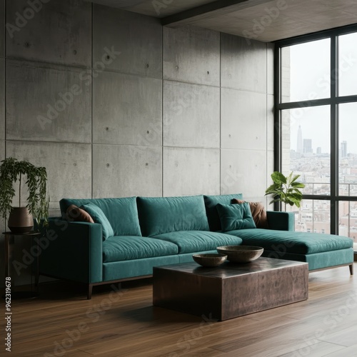 Living room interior in loft, industrial style, 3d render