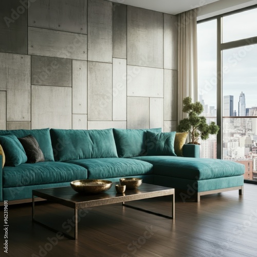 Living room interior in loft, industrial style, 3d render