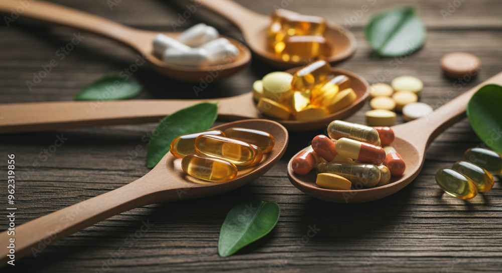 Vitamins and supplements in wooden spoons with green leaves for health and wellness Vitamins and supplements in wooden spoons with green leaves for health and wellness