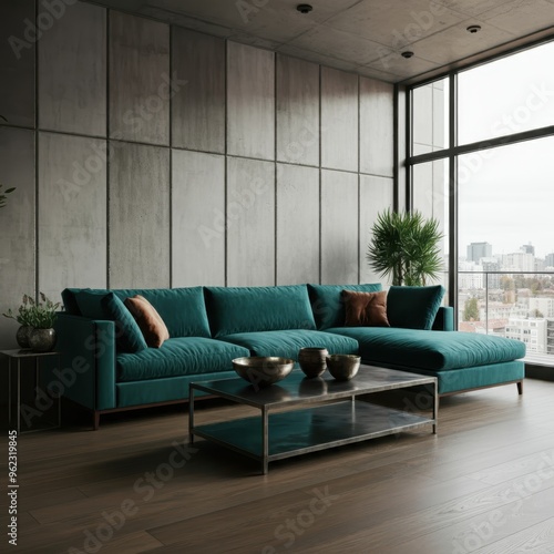 Living room interior in loft, industrial style, 3d render