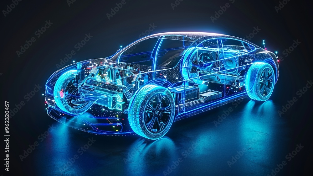 A detailed illustration of an electric car lithium battery pack featuring intricate power connections. Set against a vibrant blue background, it emphasizes modern automotive technology A detailed illustration of an electric car lithium battery pack featuring intricate power connections. Set against a vibrant blue background, it emphasizes modern automotive technology
