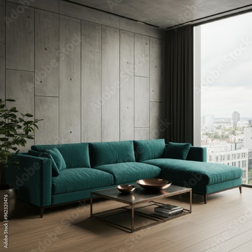 Living room interior in loft, industrial style, 3d render