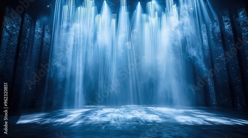 Stage with a cascade of light beams, vertical and diagonal, white and blue tones, sharp contrasts