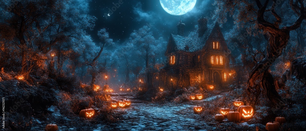 A Haunted House in a Dark Forest Lit by Jack-o'-Lanterns A Haunted House in a Dark Forest Lit by Jack-o'-Lanterns