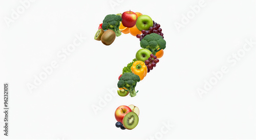 Fruits and vegetables arranged in a creative question mark with healthy food items