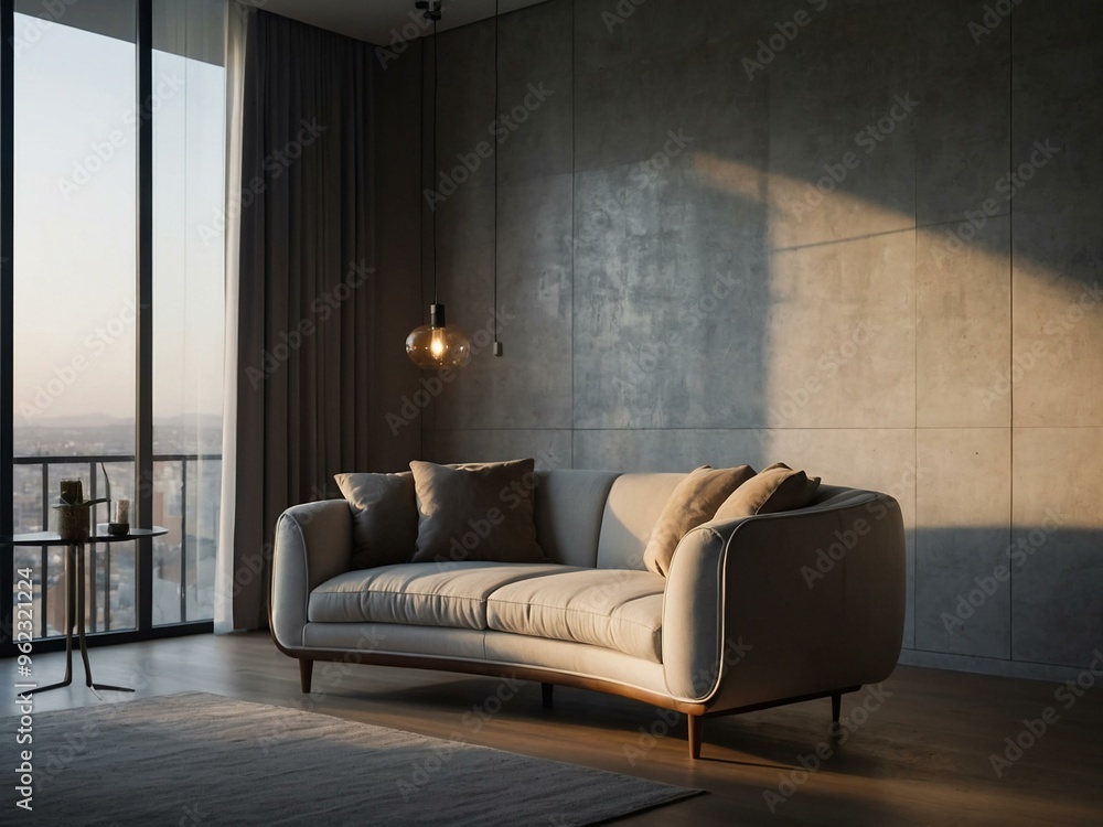 Curved sofa in a minimalist room, lit by natural light from a nearby window. Curved sofa in a minimalist room, lit by natural light from a nearby window.