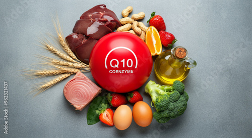 Food items with Q10 enzyme including health foods nuts fruits and vegetables for wellness and nutrition photo