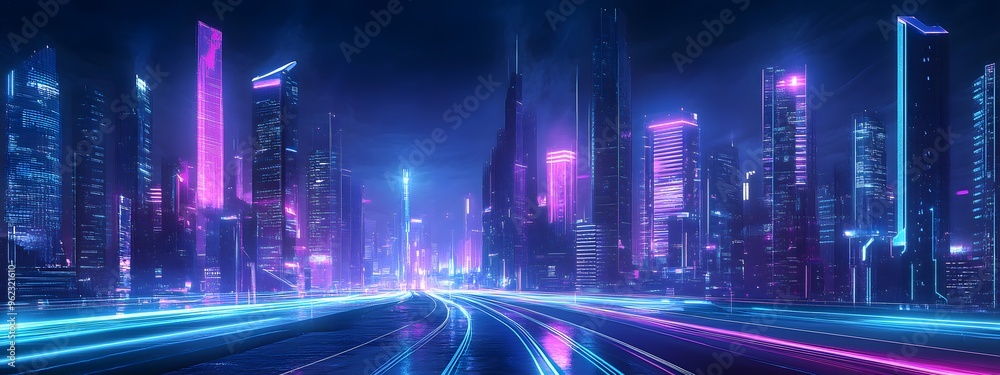 Fototapeta premium A futuristic cityscape with neon lights and skyscrapers, serving as a background for a video game or motion graphics