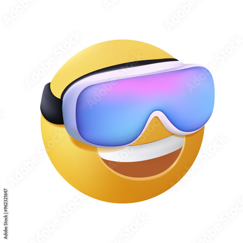 Laughing face emoji in VR glasses, Virtual Reality 3d style emoticon. Gamer, technology VR headset Laughing chat comment