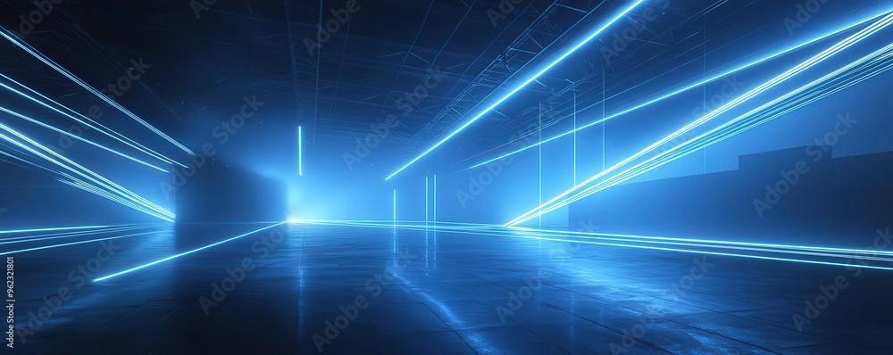 Laser lights creating an interlocking pattern, cool blue and white, futuristic and sleek stage design Laser lights creating an interlocking pattern, cool blue and white, futuristic and sleek stage design