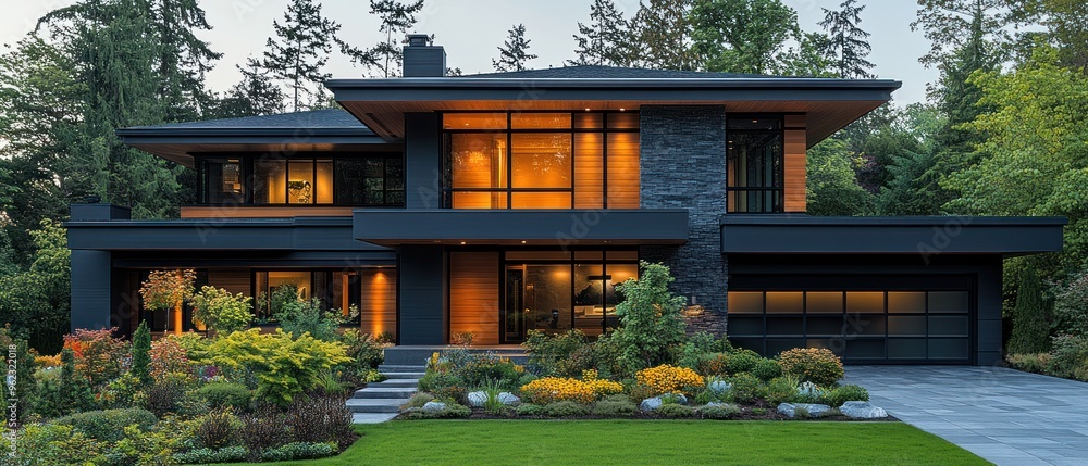 Modern Two-Story Home with Stone and Wood Facade Modern Two-Story Home with Stone and Wood Facade