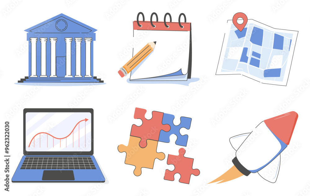 Obraz premium Business, icon set in modern style. Calendar, map, laptop, puzzle, bank, rocket, graphic. Hand drawn vector digital