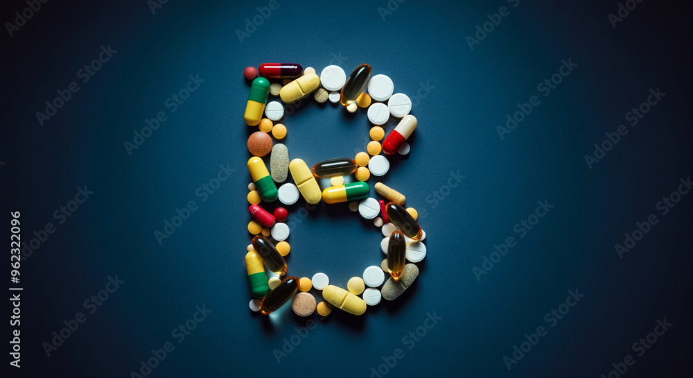 Medications arranged in a creative letter B with colorful pills and supplements for health and wellness Medications arranged in a creative letter B with colorful pills and supplements for health and wellness