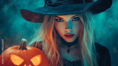 Halloween Witch with pumpkin. Pretty young woman in witch costume. Halloween decor. Toned image. Copy space