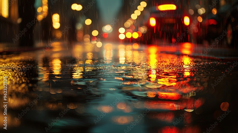 Fototapeta premium Light rain falling on a city street at night, wet weather, reflections on the pavement
