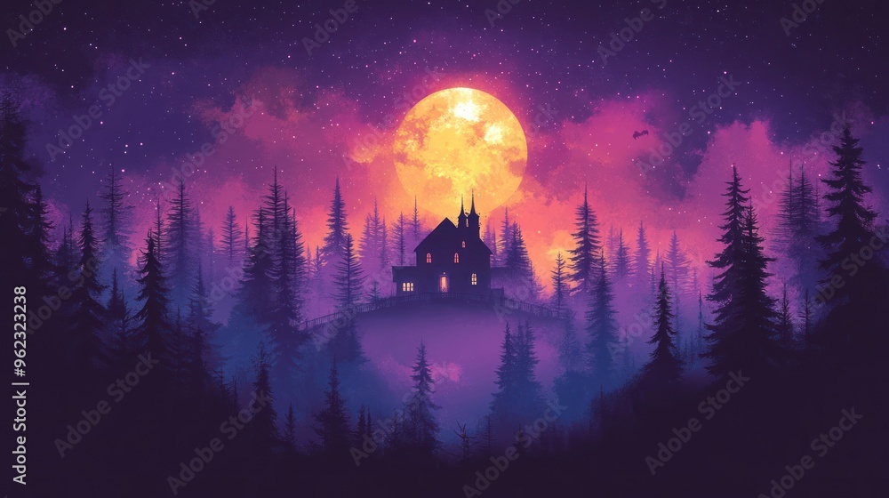 A Silhouetted House in a Forest Under a Full Moon A Silhouetted House in a Forest Under a Full Moon