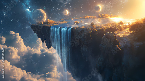 Surreal landscape of a colossal floating island with a cascading waterfall, under a starry night sky and full moon, blending fantasy and nature in a dreamlike, ethereal scene photo