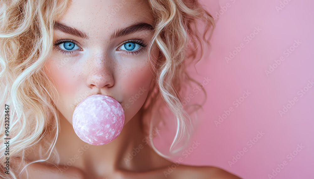Portrait of a Woman with a Bubblegum Balloon on a Pink Background. This image can be used for fashion, beauty, or lifestyle content. Portrait of a Woman with a Bubblegum Balloon on a Pink Background. This image can be used for fashion, beauty, or lifestyle content.