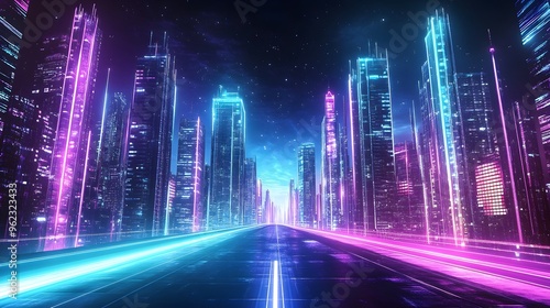 A futuristic cityscape with neon lights and skyscrapers, serving as a background for a video game or motion graphics