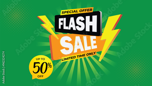 Flash sale mega offer background upto 75 percent off, special offer, limited time only, flash sale creative campaign sales green yellow banner template design for social media and website